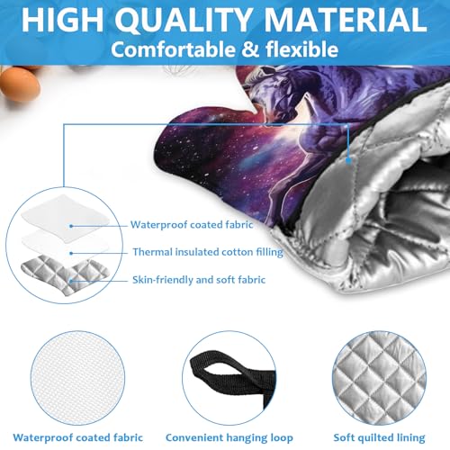 Horse Purple Galaxy Space Oven Mitts and Pot Holders Sets Heat Resistant 4Pcs Potholders Oven Gloves Hot Pads for Kitchen Baking Cooking Grilling BBQ (Horse Galaxy Space)