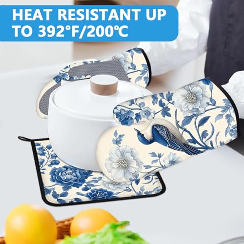 Blue Bird Blooming Flower Oven Mitts and Pot Holders Sets Heat Resistant 4Pcs Potholders Oven Gloves Hot Pads for Kitchen Baking Cooking Grilling BBQ (Bird Blooming Flower)