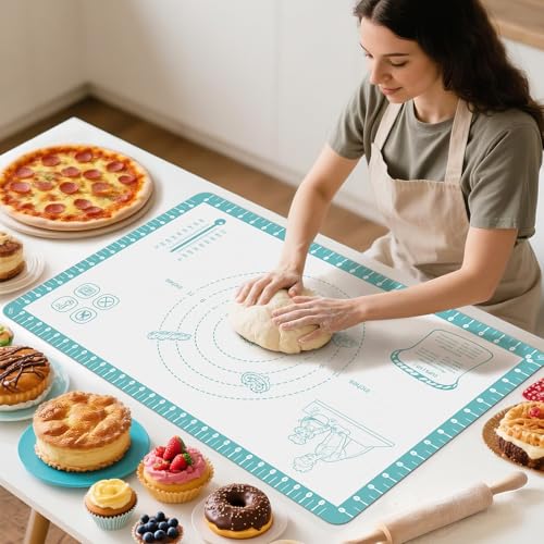 Non Stick Silicone Pastry Mat with 10 Quick Recipes (Mint / 28"L x 20"W)