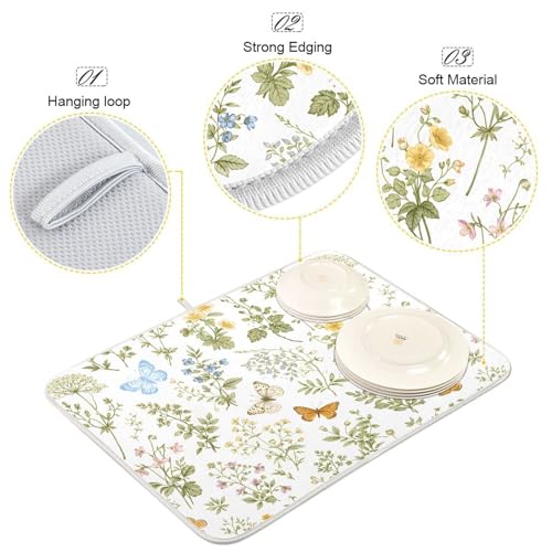 Herbs Flowers Botanical Butterfly Dish Drying Mat for Kitchen Counter Absorbent Microfiber Drying Pad (16" x 18")