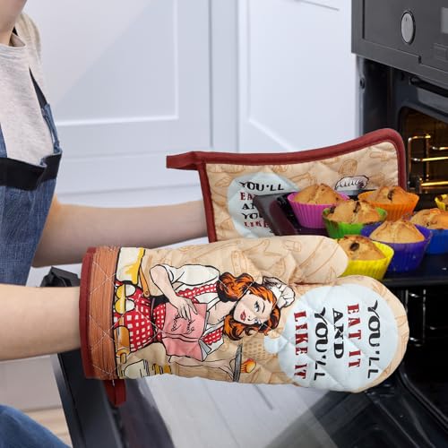 Retro Housewife Oven Mitts and Pot Holders Set (Housewife / Oven Mitt x1 & Pot Holder x1)