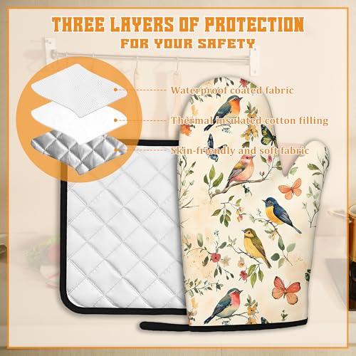 Vintage Butterfly Bird Oven Mitts and Pot Holders Set (4 Count)