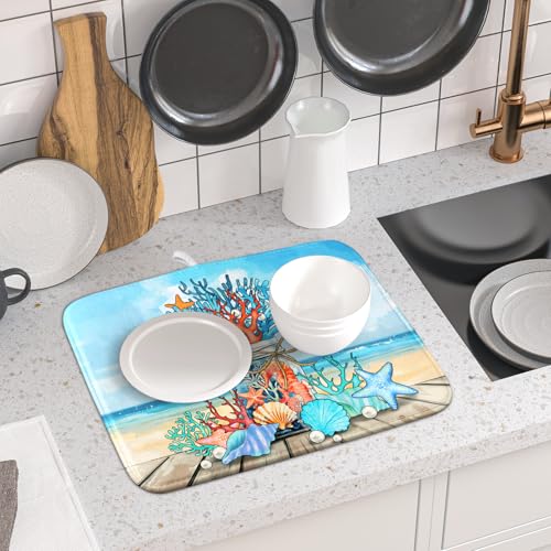 Coastal Coral Dish Drying Mat 16x18 inch Starfish Shell Fast Dry Microfiber Dish Rack Mats Drainer Pad for Countertop Kitchen Table Decor (Coral Vase / 16" x 18")
