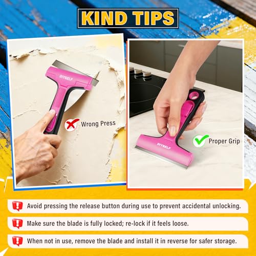 Window Scraper with 10 Extra 4" Razor Blades (10PCS Metal Blades / Pink)