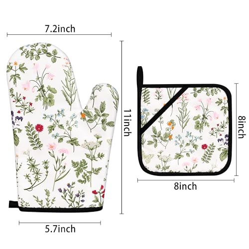 Floral Oven Mitts and Pot Holders Sets Wildflower Oven Gloves Heat Resistant 4 Pcs Pretty Decorative Kitchen Hot Pads and Mitts for Baking Cooking Grilling (White)