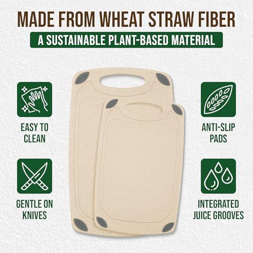 2 Piece Reversible Cutting Board Set Made with Natural Wheat Straw Fiber (Beige)