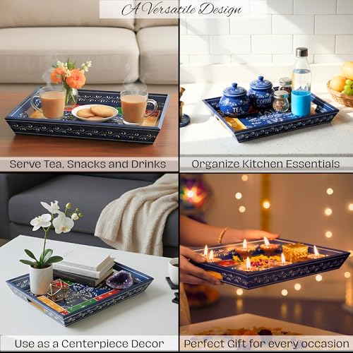 Hand Painted Wooden Serving Tray Set of 3 (Blue / Set of 3)
