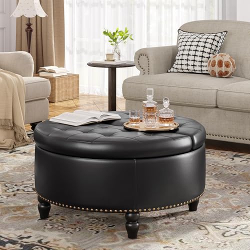 31.5 Inch Large Round Ottoman with Storage Circular (Black)