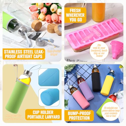 12 Pcs 18 oz Glass Water Bottles Glass Juice Bottles with Protection Sleeves