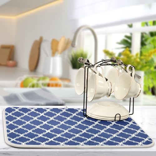 Navy Blue Trellis Lattice Dish Drying Mat for Kitchen Counter Absorbent Microfiber Drying Pad (18" x 24")