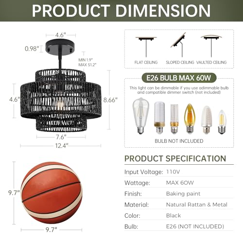 12.4" Black Rattan Pendant Light for Kitchen (Black / 12.4" 1-Light)