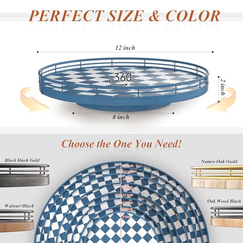 Blue and White Checkerboard Lazy Susan with Rubberwood Base and Metal Rail (Blue & White / 12 inches)