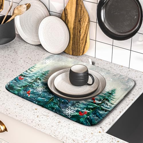 Pine Tree Dish Drying Mat for Kitchen Countertop Red Bird Dishes Mats Winter Decorative Absorbent Reversible Drainer Rack Pad 16x18 Inch (Pine Red Bird / 16" x 18")