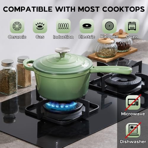 1QT Enameled Cast Iron Saucepan with Lid (Pistachio Green / 1 Quarts)