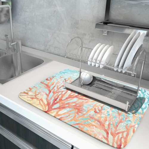 Coastal Coral Dish Drying Mat Beach Ocean Drainer Rack Mat 18x24 Inch Microfiber Absorbent Reversible Dish Dry Pad for Kitchen Counter Sink (Pink Coastal Coral / 18" x 18")