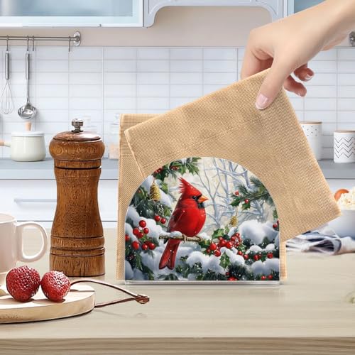 Red Cardinal Christmas Napkin Holder for Table Paper Napkins Holder Acrylic Tissue Dispenser Kitchen Dining Room Bathroom Party Car Decor (NH070 / 4.1x4.9x1.97in)