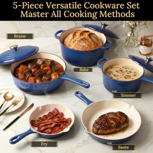 5 Piece Blue Enameled Cast Iron Cookware Set (Blue D)