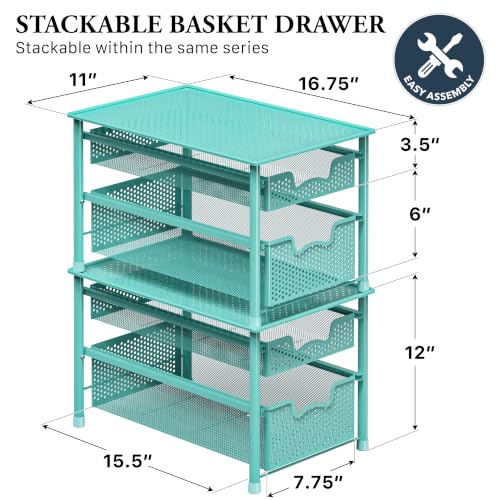 Stackable 2 Tier Sliding Basket Drawer (2-Tier / Turquoise)