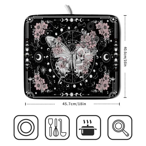 Skeleton Butterfly Dish Drying Mat Black Skull Absorbent Dish Drainer for Kitchen Counter Holiday Decor (Skeleton Butterfly Black / 18" x 16")