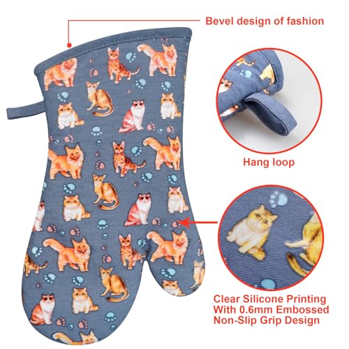 Oven Mitts 1 Pair (Cat, Blue Mitts)