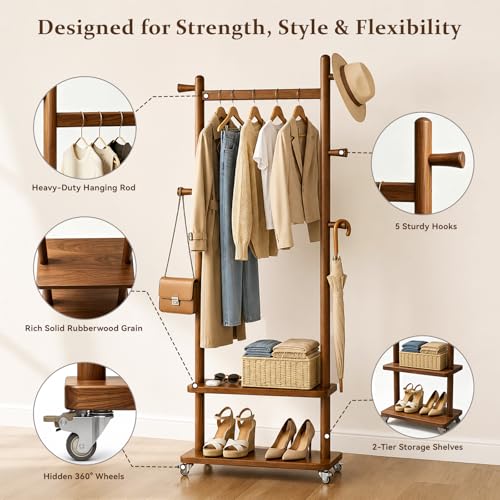 Coat Rack Freestanding Solid Wood Clothes Rack with Wheels