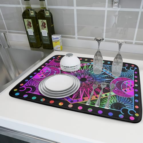 Colorful Microfiber Dish Drying Mat for Kitchen Counter 18 X 24 in Moon Decoration Dishes Pad Coffee Mats (Colorful Moon / 24" x 18")
