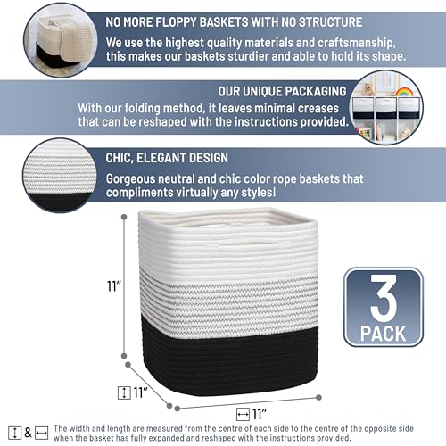 Storage Cubes 11 Inch Cotton Rope Woven Baskets for Organizing (3-Tone Black)