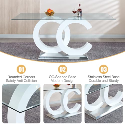 7 Piece Glass Dining Table Set for 6 (White Table & Silver Blue Chair / 7-Piece Set-OC-Shaped Table)