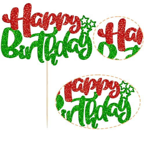 1Pcs Happy Birthday Cake Topper Glitter Happy Birthday Cake Pick for Christmas Theme Baby Shower Anniversary Party Decorations Supplies Red Green (Style 2 / Red Green)