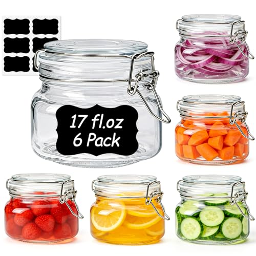 Square Small 17 oz Glass Jars with Airtight Lids 6 Pack Wide Mouth (17 fl oz x 6)