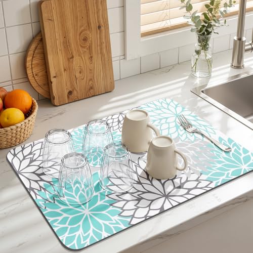 2Pcs Dish Drying Mat & Sink Splash Guard (Teal / 16" X 24" + 24" X 5.5")