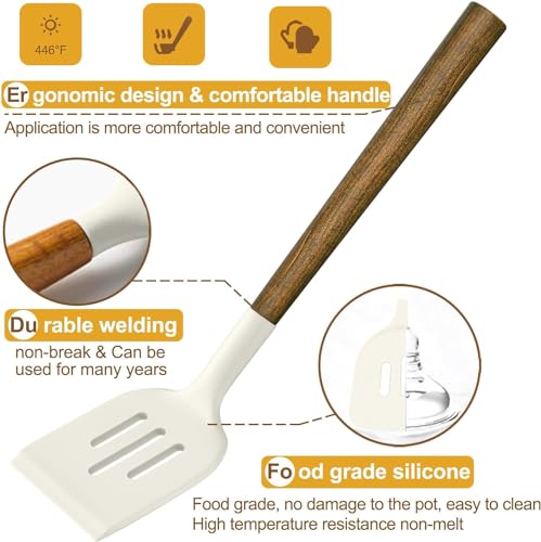 Non Stick Silicone Kitchen Utensils Set with Natural Acacia Hard Wood Handle (White)