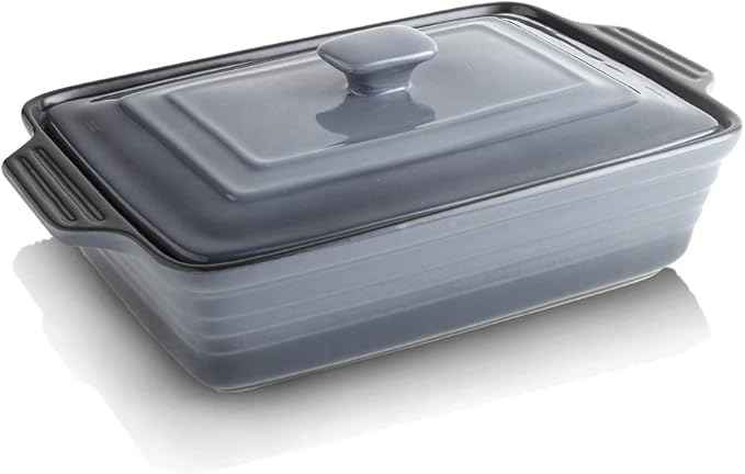 KOOV Ceramic Casserole Dish With Lid, Covered Rectangular Set, Lasagna Pan for Cooking, Baking Dish for Dinner, Kitchen, 9 x 13 Inches, Reactive Glaze (Gradient Grey)