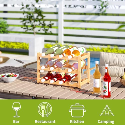 Bamboo Wine Rack Wine Storage Cabinet Shelf 12 Bottle Wine Racks Countertop Sturdy for Kitchen Dining Room Pantry (Natural / 3 Tier)