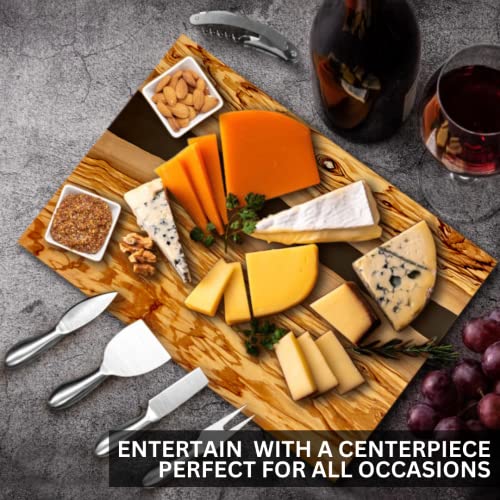 Handcrafted Italian Olive Wood Cheese & Charcuterie Board Set with Unique Black Resin Artwork (Black)