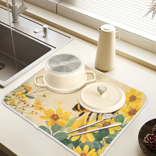 Honey Bee Dish Drying Mat for Kitchen Counter Absorbent Microfiber Large Drying Pad Yellow Flowers Leaves Dish Mats for Kitchen Countertops 18 x 24 Inch117 (24" x 18")