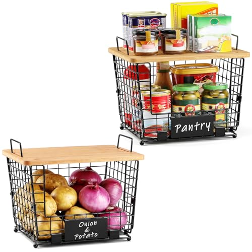 2 Set Large Stackable Wire Basket with Bamboo Tops & Tag (L)