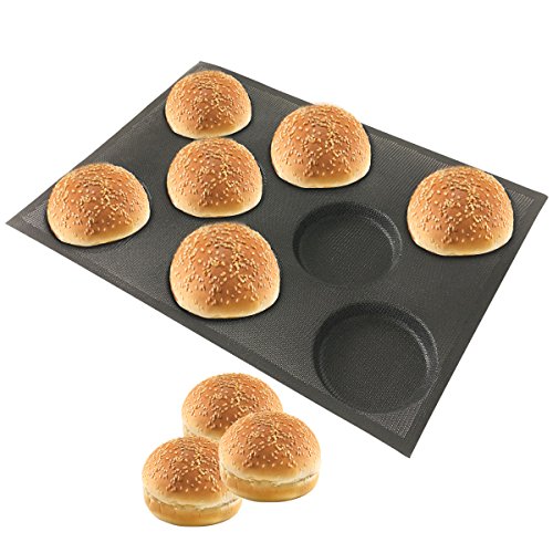 Silicone Hamburger Bread Forms Perforated Bakery Molds Non Stick Baking Sheets Fit Half Pan Size (8 Caves 4" Round Shape For Hamburger)
