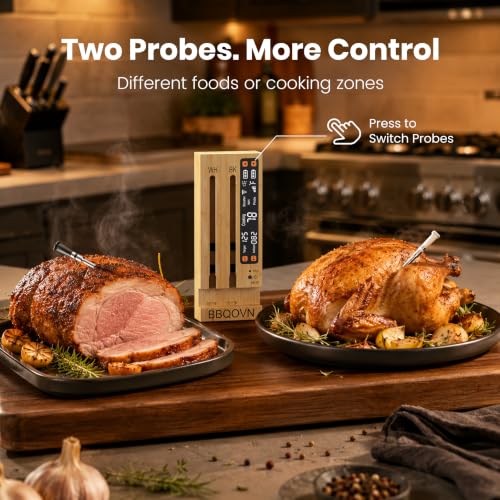 WiFi Sub 1G Wireless Meat Thermometer Unlimited Range 7 NIST Certified Sensors with Ambient Temp 2 Temp Monitoring Ways Digital Smart Base and App for BBQ (2-Probe-Bamboo)