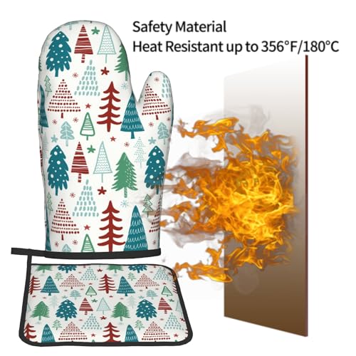 Pine Tree Oven Mitts and Pot Holder Set of 2 Winter Xmas Washable Kitchen Heat Resistant Gloves for Microwave BBQ Cooking Baking Grilling (Xmas Tree)