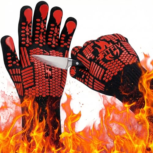BBQ Gloves 1472°F Heat Resistant with Silicone Grip Oven Mitts (Red / Long (Glove L 13.78" × Palm W 6.33"))