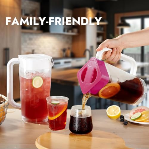 4 Pack 2L 68 oz Plastic Pitcher with Lid & Handle (White-red-4pack)