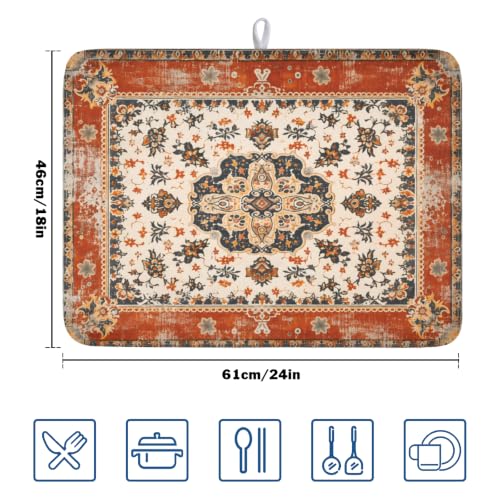 Ethnic Boho Dish Drying Mat Rust Coral Floral Decorative Dishes Pad 18x24 Inch Absorbent Fast Dry Drainer Rack Mats for Kitchen Countertop (Ethnic Boho Orange / 18x24 inch)