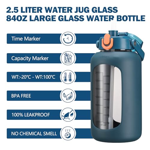 84oz Glass Water Bottle with Straw (Blue / 84 Ounces)