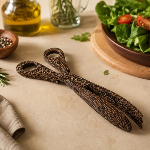 Hand Carved 10 Inch Palm Wood Scissor Tongs (Black)