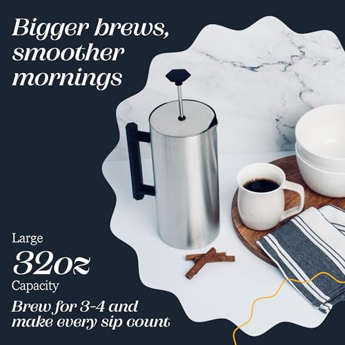 P6 32 Ounces French Press Coffee Maker (32 oz / Brushed Stainless Steel)