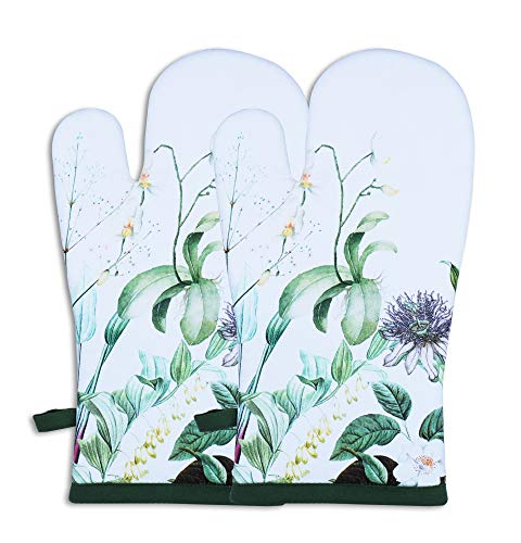 Oven Mitts Set of 1 Quilted Liner with Hanging Loop Non Slip (7x13 inches / Floral Shrubs)