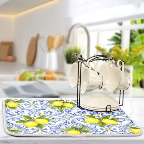 Lemon Blue Tiles Dish Drying Mat for Kitchen Counter Absorbent Microfiber Drying Pad (18" x 24")