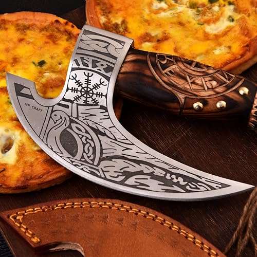 Pizza Cutter Axe Carbon Steel Slicer Chef Viking Axe with Leather Cover (Hand Engraved Etched Ash Wood)
