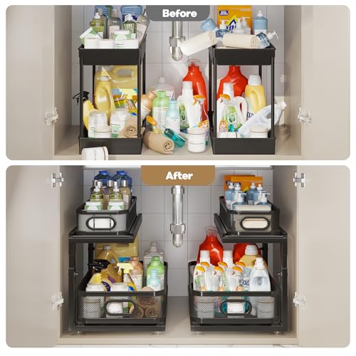2 Pack 21IN Depth Under Sink Organizer With Next (Black / 2 Pack-21"Dx12.4"-16.5"H)
